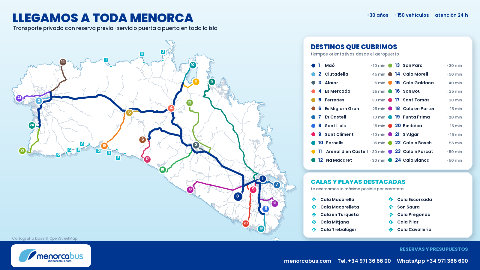 Mapa de cobertura de Menorca Bus: servicio puerta a puerta en toda Menorca, con destinos y tiempos orientativos desde el aeropuerto